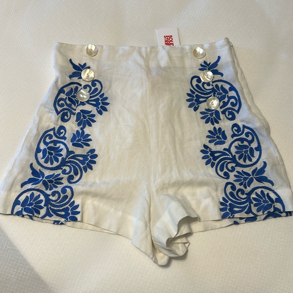 SOLID & STRIPED White and Blue Embroidered Shorts